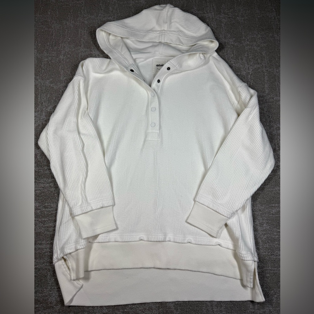 aerie White Hooded Waffle Knit Pullover Sweatshirt